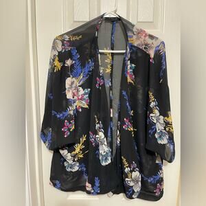 Forever 21 Black Sheer Floral Open Front Swim Cover Up size Large